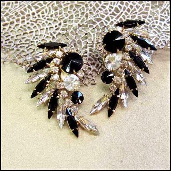 D&E Juliana Earrings Black n Clear Crystal Feathers 1950s Jewelry 13591 - Picture 2 of 7